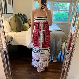 Red and White Strapless Maxi Dress